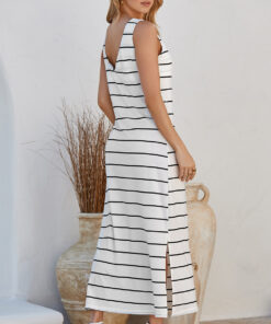 Alternative view of White Stripe Print Open Back Sleeveless Maxi Dress with Slits