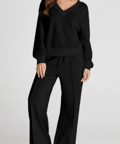 Black V Neck Cropped Seamed High Waist Sports Wear