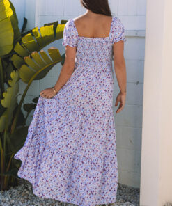 Alternative view of Purple Floral Short Bubble Sleeve Shirred High Waist Maxi Dress