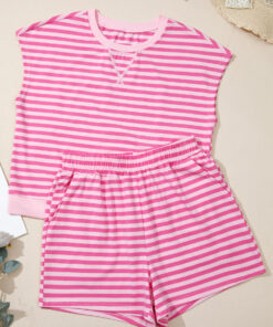 Pink Stripe Cap Sleeve Tee Elastic Waist Shorts 2pcs Outfit
