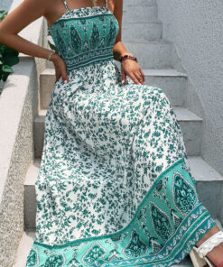 Green Boho Floral Print Shirred Cami Maxi Dress