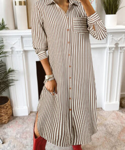 Brown Stripe Textured 3/4 Sleeve Round Hem Split Midi Shirt Dress