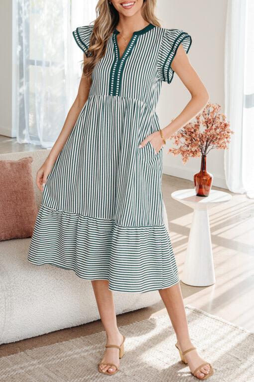 Green Stripe Double Ruffled Short Sleeve Contrast Trim V Neck Midi