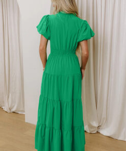Alternative view of Bright Green Solid Color V Neck Short Puff Sleeve High Waist Tiered Maxi Dress