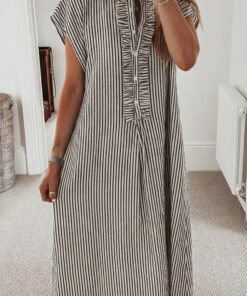 Black Stripe Frilled Detail Half Buttons Short Sleeve Long Dress