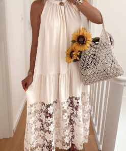Beige Sheer Hollowed Floral Lace Hem Patchwork Loose Halter Summer Dress