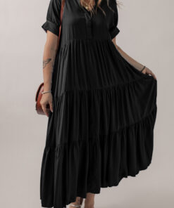 Black Hidden Buttons Short Sleeve Ruffle Tiered Long Flared Dress