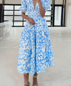 Alternative view of Sky Blue Floral V Neck Puff Short Sleeve Flowy Long Dress