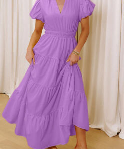Lavendula Solid Color V Neck Short Puff Sleeve High Waist Tiered Maxi Dress