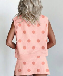 Alternative view of Pink Ribbed Trim Polka Dot Print Tank Split Mini Skort 2pcs Set
