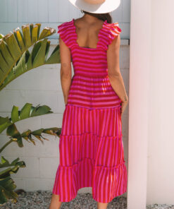 Alternative view of Rose Stripe Flutter Sleeve Smocked Bodice Tiered Maxi Dress