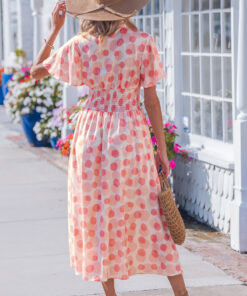 Alternative view of Pink Polka Dot Printed Ruffle Short Sleeve Zip Up Long Dress