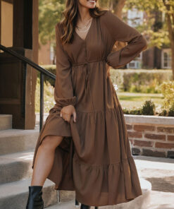 Alternative view of Chestnut Solid Long Sleeve Button V Neck Tiered Maxi Dress
