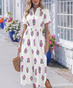 White Floral Print Split Neck Shirred High Waist Ruffle Hem Maxi Dress