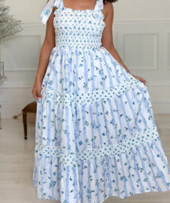 Alternative view of Sky Blue Floral Smocked Tied Straps A-Lined Tiered Maxi Dress