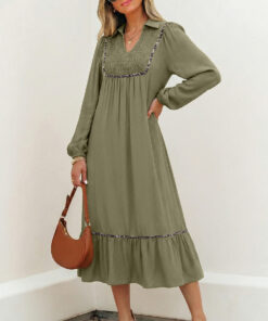 Four Leaf Clover Collared V Neck Smocked Detail Contrast Leopard Trim Bracelet Sleeve Long Dress