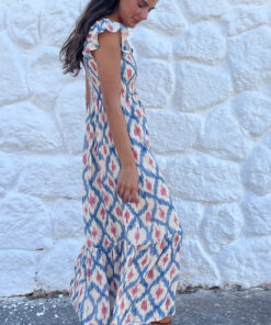 Alternative view of Sky Blue Ethnic Geometric Print Square Neck Smocked High Waist Ruffle Sleeve Dress