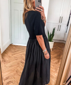 Alternative view of Black Short Sleeve Knit Top Patchwork Pleated Long Dress