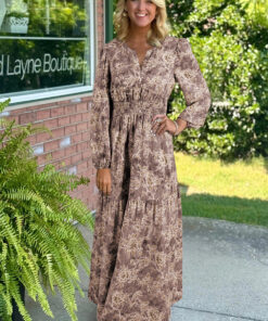 Alternative view of Brown Floral Print Smocked High Waist Long Sleeve Maxi Dress