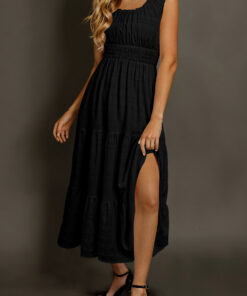 Black Shirred Pleated Square Neck Sleeveless Midi Dress