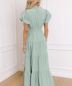 Alternative view of Clearly Aqua Solid Color V Neck Short Puff Sleeve High Waist Tiered Maxi Dress