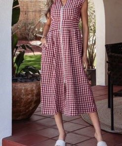 Red Plaid Print Full Zipper Cinched Waist Fit Flare Sleeveless Maxi Dress