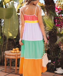 Alternative view of Multicolour Colorblock Self-tie Straps High Waist Flowy Maxi Dress with Pockets