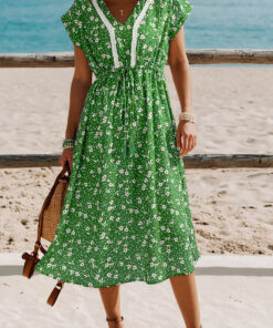 Green Abstract Print Embroidered Trim V Neck Drawstring High Waist Loose Vacation Dress