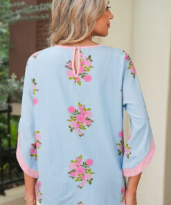 Alternative view of Sky Blue Floral Print Button Cuffed 3/4 Sleeve Round Neck Blouse