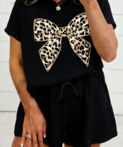 Black Contrast Leopard Bow Patched V Neck Loose Tee Drawstring Shorts 2pcs Outfit