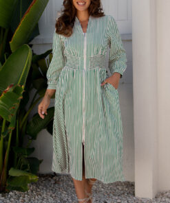 Green Stripe V Neck Zip Front Cinched High Waist Midi Dress