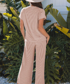 Alternative view of Smoke Gray Solid Corded Knit Short Sleeve T Shirt and Wide Leg Pants Set