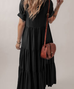 Alternative view of Black Hidden Buttons Short Sleeve Ruffle Tiered Long Flared Dress