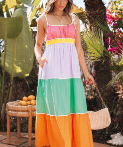 Multicolour Colorblock Self-tie Straps High Waist Flowy Maxi Dress with Pockets