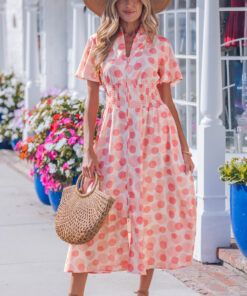 Pink Polka Dot Printed Ruffle Short Sleeve Zip Up Long Dress
