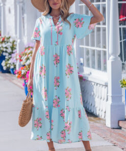 Sky Blue Notched Neck Flutter Short Sleeve Floral Print Maxi Dress