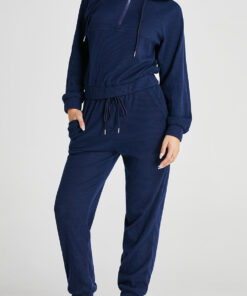 Navy Blue Ribbed Knit Cropped Hoodie and Drawstring Joggers Set