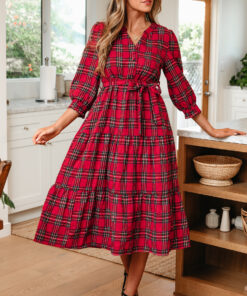 Red Christmas Plaid V Neck 3/4 Sleeve Tie Waist Ruffle Hem Long Dress