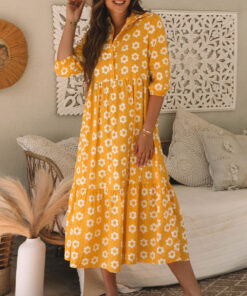 Yellow Flower Print Bracelet Sleeve Buttons Collared Maxi Dress