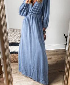 Myosotis Chambray Deep V Neck Bracelet Sleeve Maxi Dress