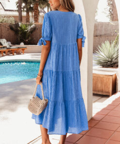 Alternative view of Dusk Blue Gingham Textured Bow Tie Short Sleeve Tiered Midi Dress