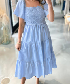 Beau Blue Flowy Short Sleeve Lace Detail Square Neck Tiered Midi Dress