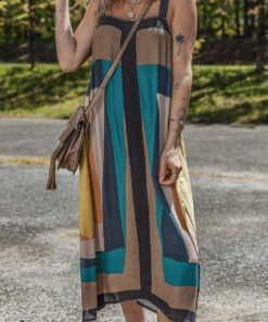 Brown Retro Geometric Printed Y Back Sleeveless Dress