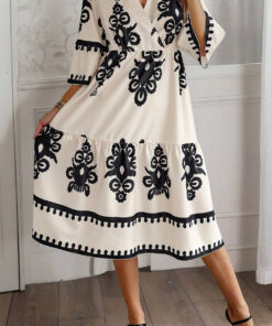 Beige Western Geometric Print 3/4 Sleeve Loose Midi Dress