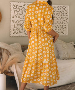 Alternative view of Yellow Flower Print Bracelet Sleeve Buttons Collared Maxi Dress