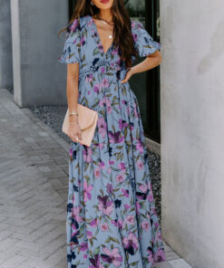 Alternative view of Sky Blue Fiery Floral Print Frilled V Neck Short Sleeve Maxi Dress