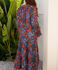 Alternative view of Blue Floral Print Tassel Tie V Neck Long Sleeve Flowy Long Dress