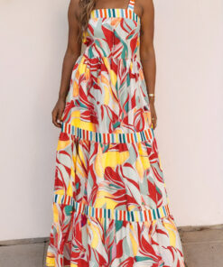 Multicolor Abstract Print Striped Detail Knot Strap Maxi Dress