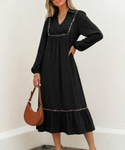 Black Collared V Neck Smocked Detail Contrast Leopard Trim Bracelet Sleeve Long Dress