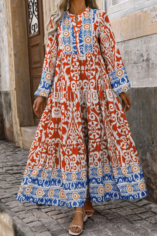 orange boho dress pstuiky Summer Dresses for Women , Flower Print Boho Dresses for Women Midi  Dress Dressy 3/4 Sleeve V-Neck Cocktail Dresses Orange XL